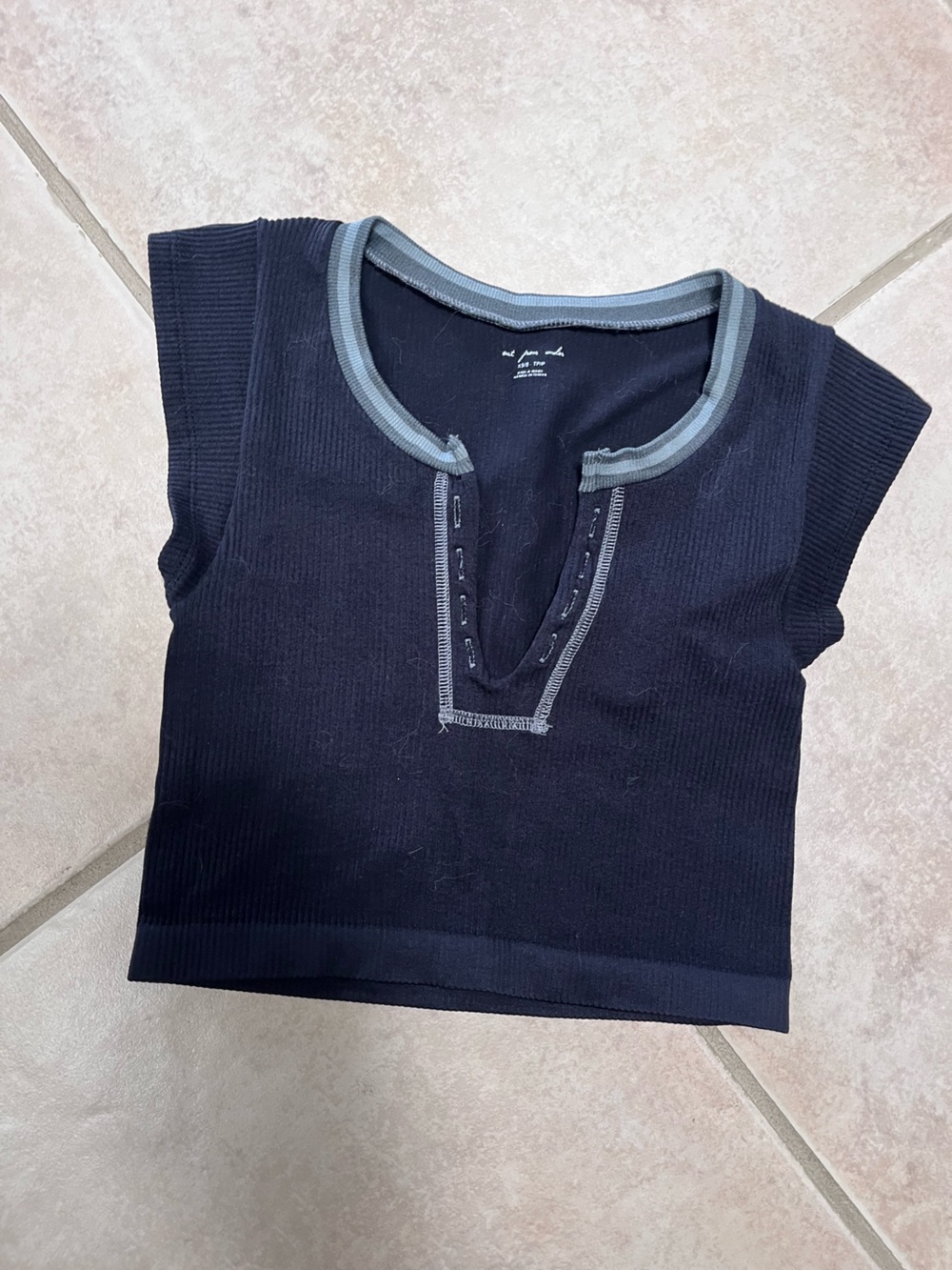 Urban Outfitters Navy Ribbed Crop Top with Gray Trim